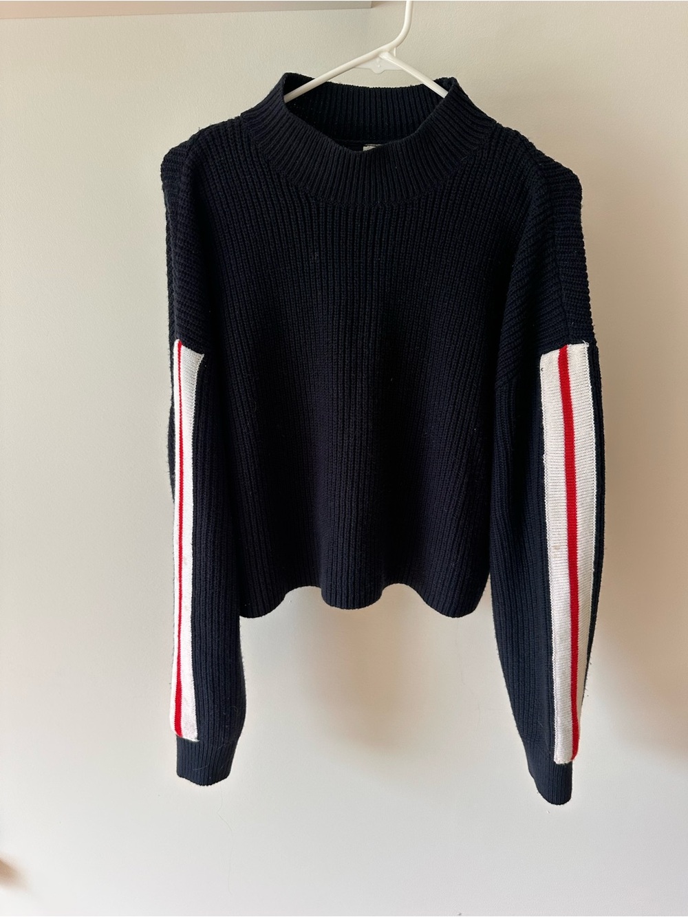 Women’s Navy Blue Knit Sweater with Red & White Sleeve Stripes